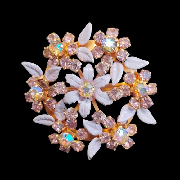 Vintage 1960s Lavender Purple Enamel 3D Flower Brooch w/AB Rhinestones Gold Tone - Picture 3 of 6